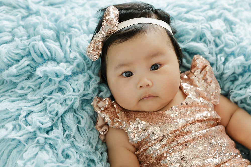 100 Days Baby Photography Session, sequin dress, headband, bow, blanket, blue, newborn, portrait