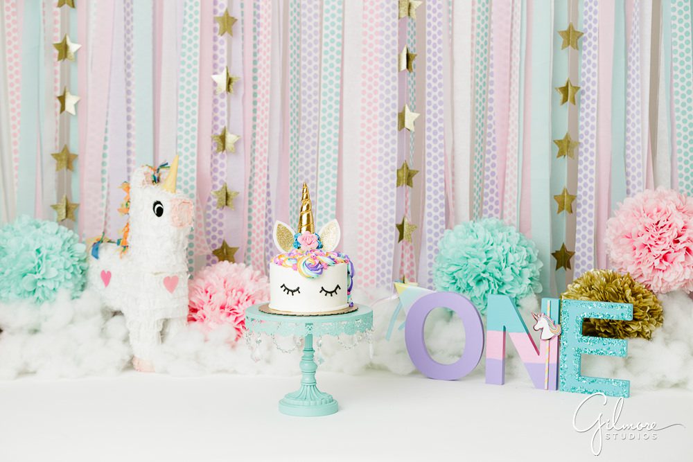 Unicorn Theme Cake Smash, stars, streamers, background, props, backdrop, pom poms, pinata, one, first birthday, baby, girl, set, props