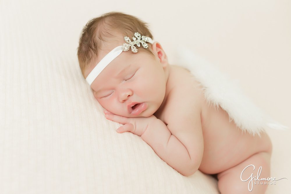Orange County Newborn, sleeping baby, headband, lace, bed, portrait, photography, studio