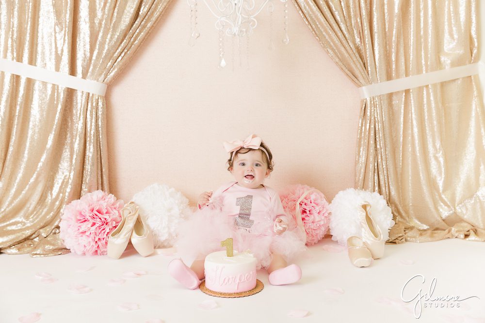 Ballerina Cake Smash Session, baby first birthday, outfit, props, portrait photography studio, drapes, flowers, tutu, headband, bow, 1st bday, flowers, pink