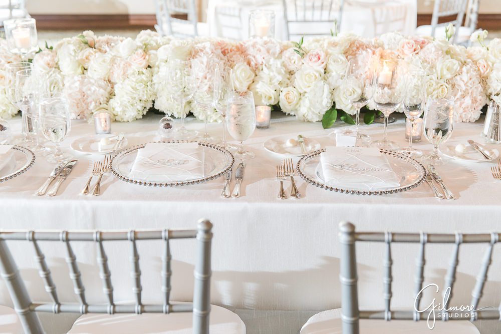 sweetheart table, reception decor, design, floral, roses, candles, stemware, plates, silverware, wedding planner, Newport Beach, big canyon country club wedding