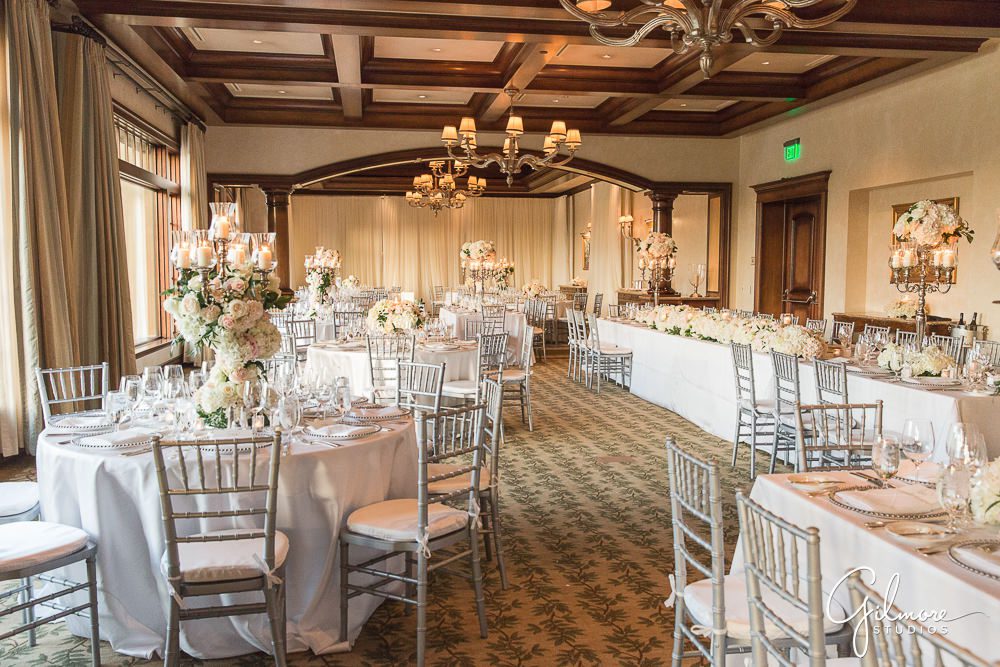 reception decor, design, floral, roses, candles, stemware, plates, silverware, wedding planner, big canyon country club wedding, tables, dining room, Newport Beach