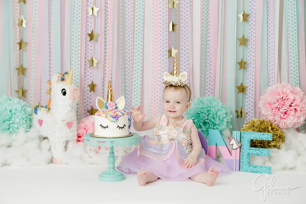 Unicorn Theme Cake Smash, baby girl, headband, purple skirt, pinata, streamers, backdrop, pom poms, portrait session, 1st bday, first birthday, one year old