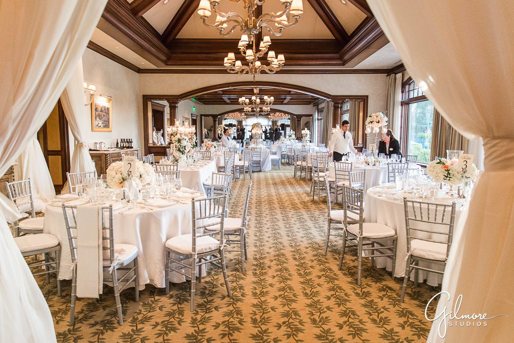 ballroom, reception decor, design, floral, roses, candles, stemware, plates, silverware, wedding planner, Newport Beach, big canyon country club wedding