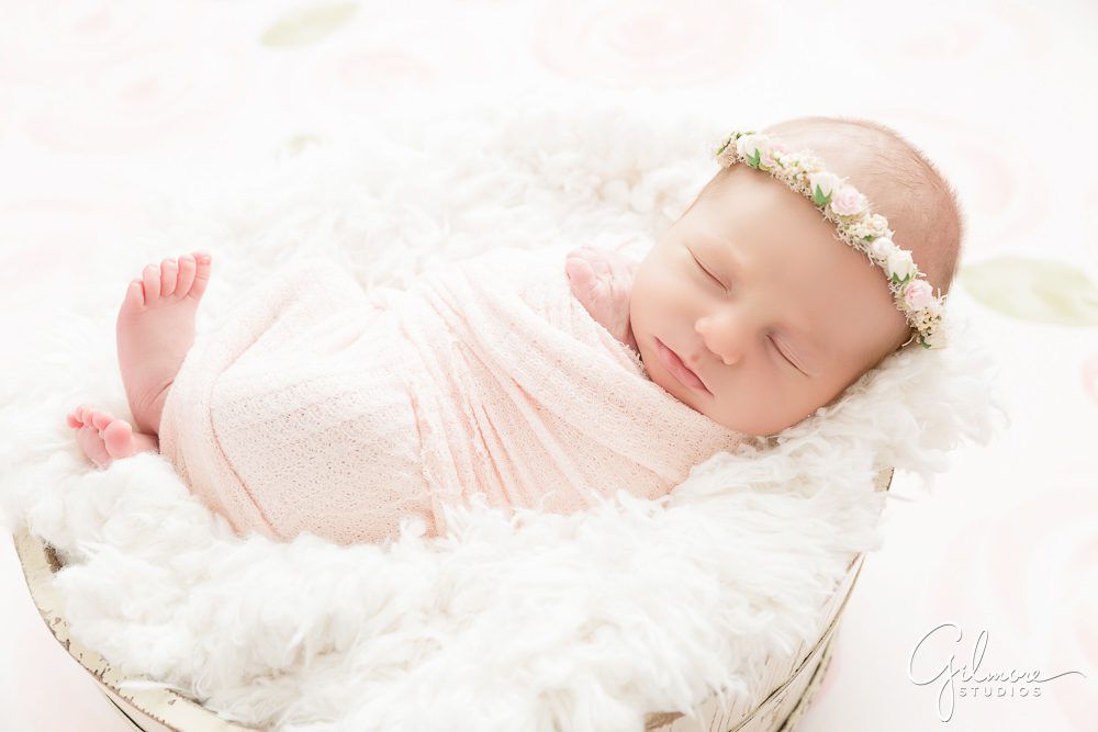 Maternity & Newborn Photography, swaddling cloth, headband, roses, basket, portrait, blanket, sleeping, baby, studio session package, flowers, white background