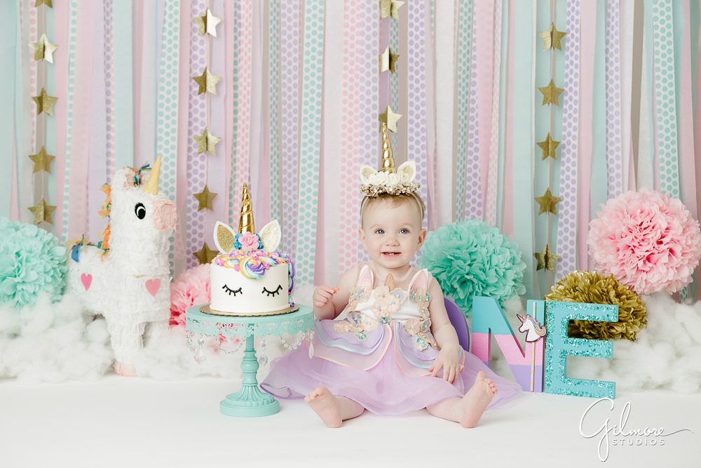 Unicorn Theme Cake Smash, backdrop, props, studio, portraits, baby girl, one year old, first bday