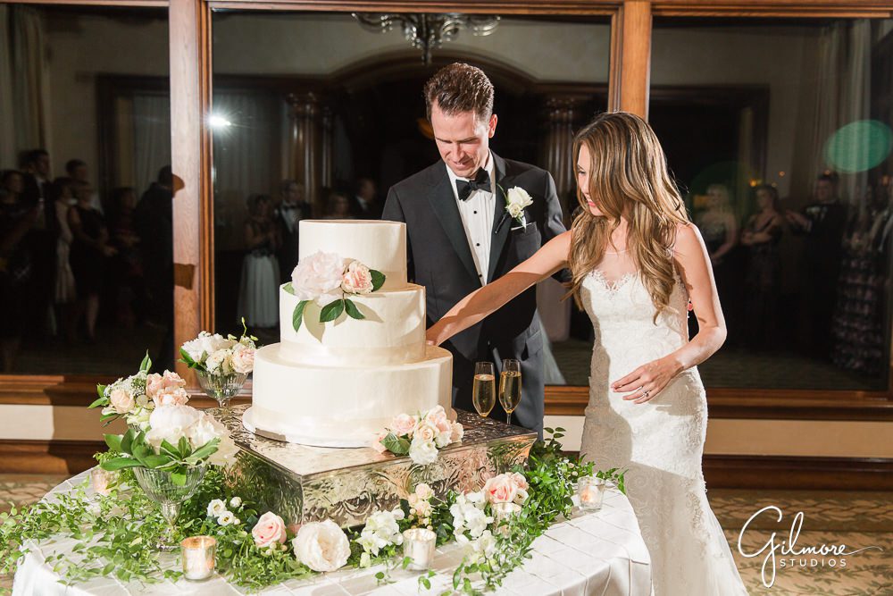 cake cut, bride and groom, big canyon country club wedding, ballroom, reception