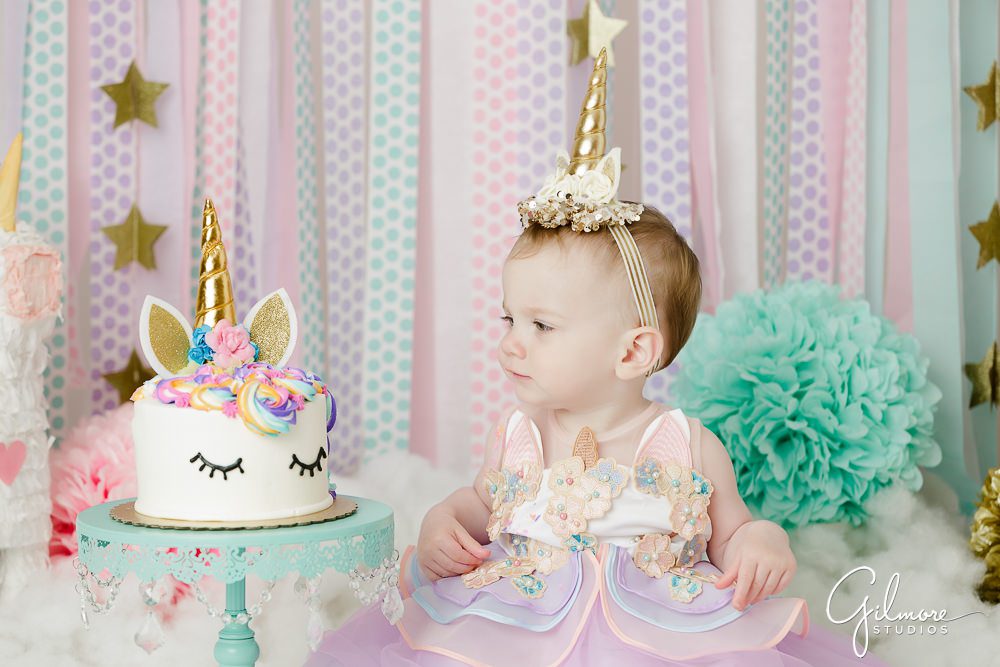Unicorn Theme Cake Smash, first birthday, photo shoot, portrait studio session, headband, outfit
