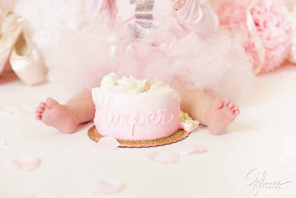 Ballerina Cake Smash Session, closeup, portrait shoot, studio, tutus, props, first birthday, baby girl, one year old