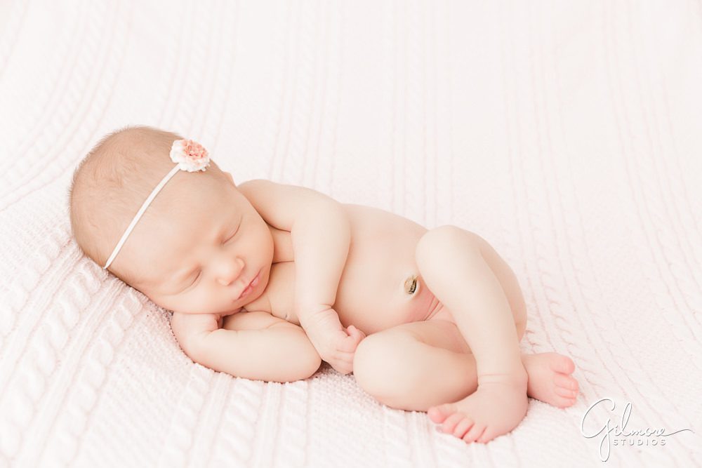 Maternity Newborn Photography. rose headband, sleeping baby girl, white background, studio portrait session, package, asleep