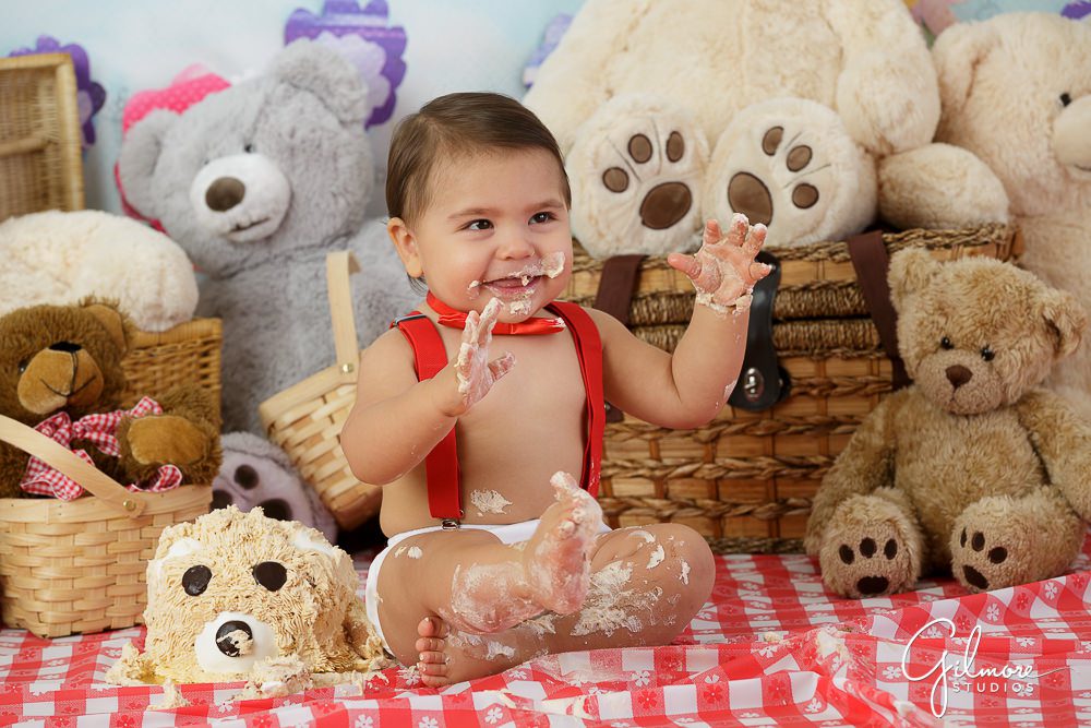 Teddy Bear Picnic, cake smash, eating, baby 1st bday, first birthday, portrait session, ideas, inspiration