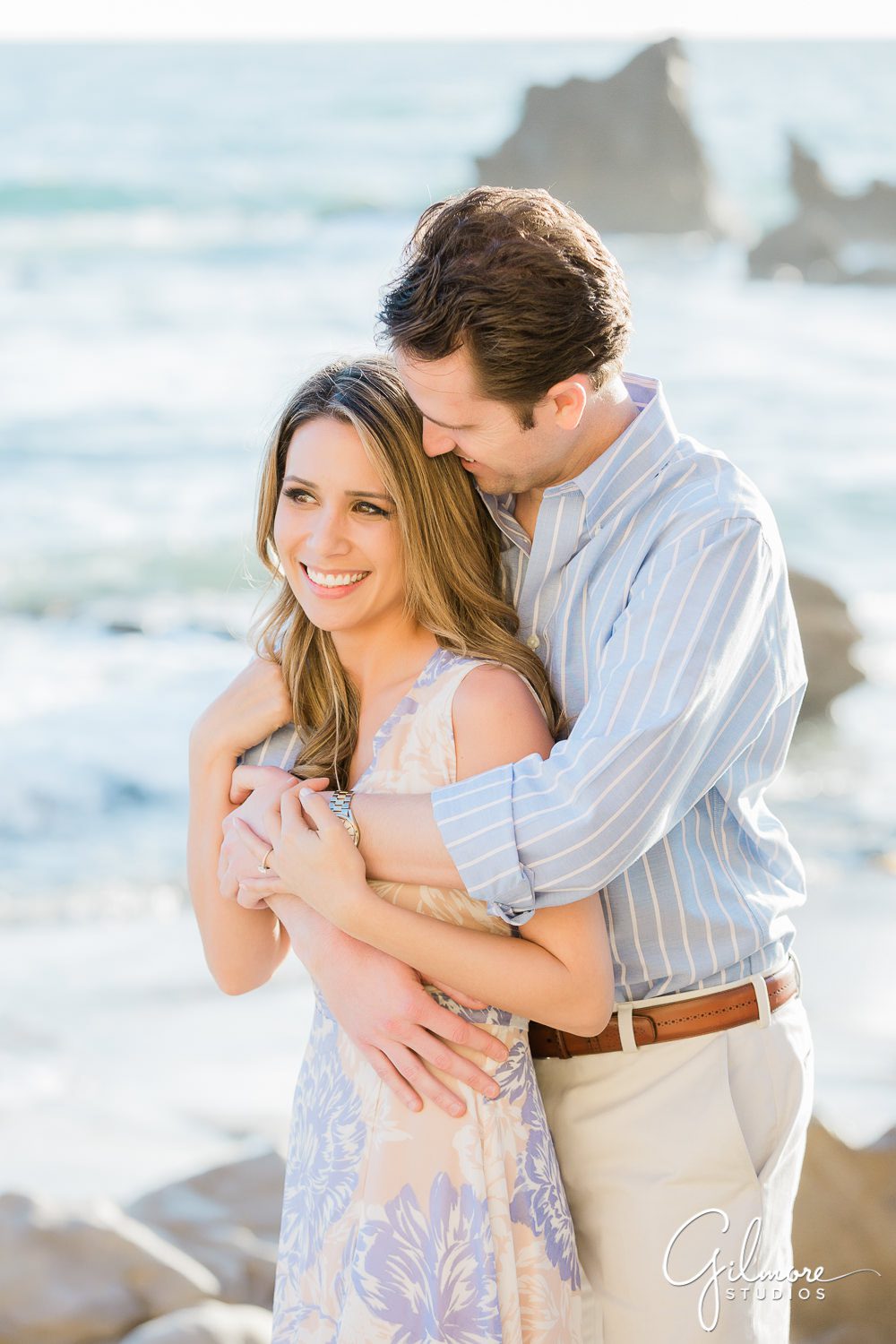 Newport Beach Engagement Session, sunset, engaged couple, waves, ocean, rocks, portrait, natural light, little corona del mar, romantic, outfits, casual