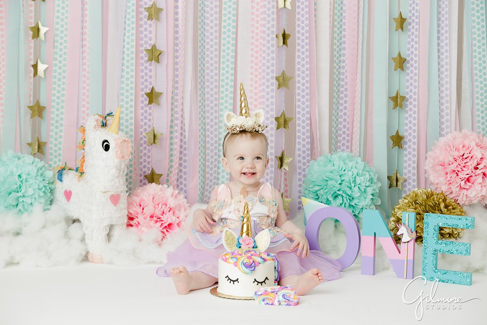 Unicorn Theme Cake Smash, baby, first birthday, 1st bday, one year old, streamers, backdrop, props, pinata, headband, outfit, skirt