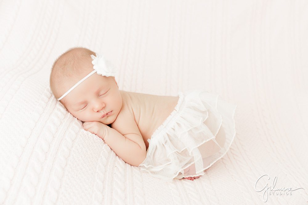 Maternity Newborn Photography, skirt, tutu, flower headband, baby portrait outfit, studio session package, asleep, white blanket, background