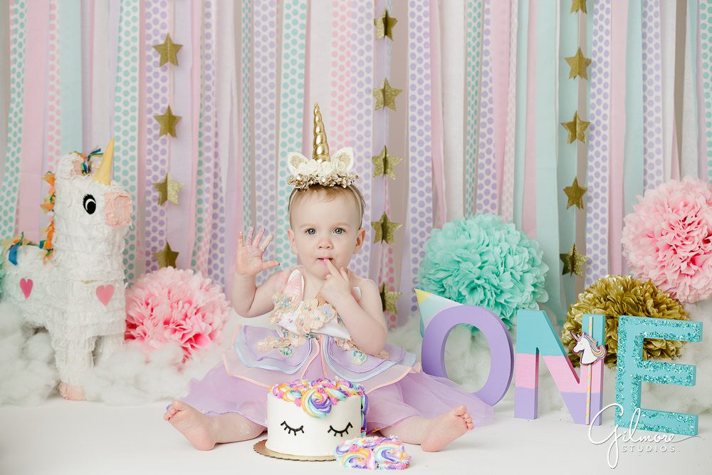 Unicorn Theme Cake Smash, portrait shoot, 1st birthday, studio props, outfit, headband, pinata