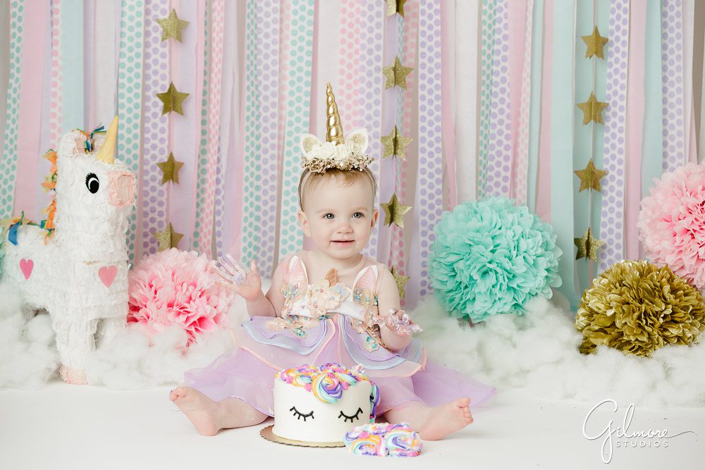 Unicorn Theme Cake Smash, pom poms, props, portrait studio, first birthday, one year old girl, baby photo shoot