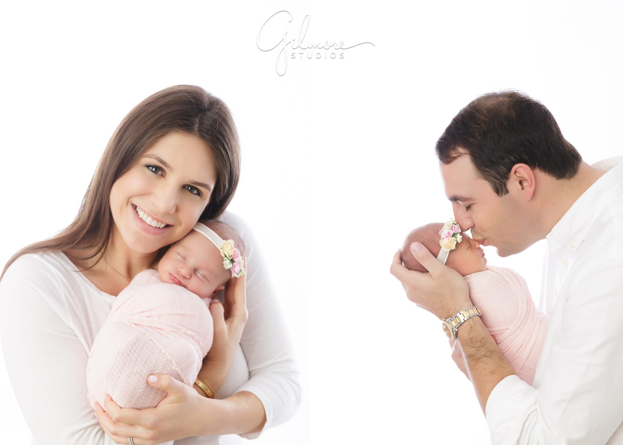 Maternity and Newborn Photography, family portraits, package, matching white outfits, pink blanket, flower headband, mom, dad, kiss, baby, studio session