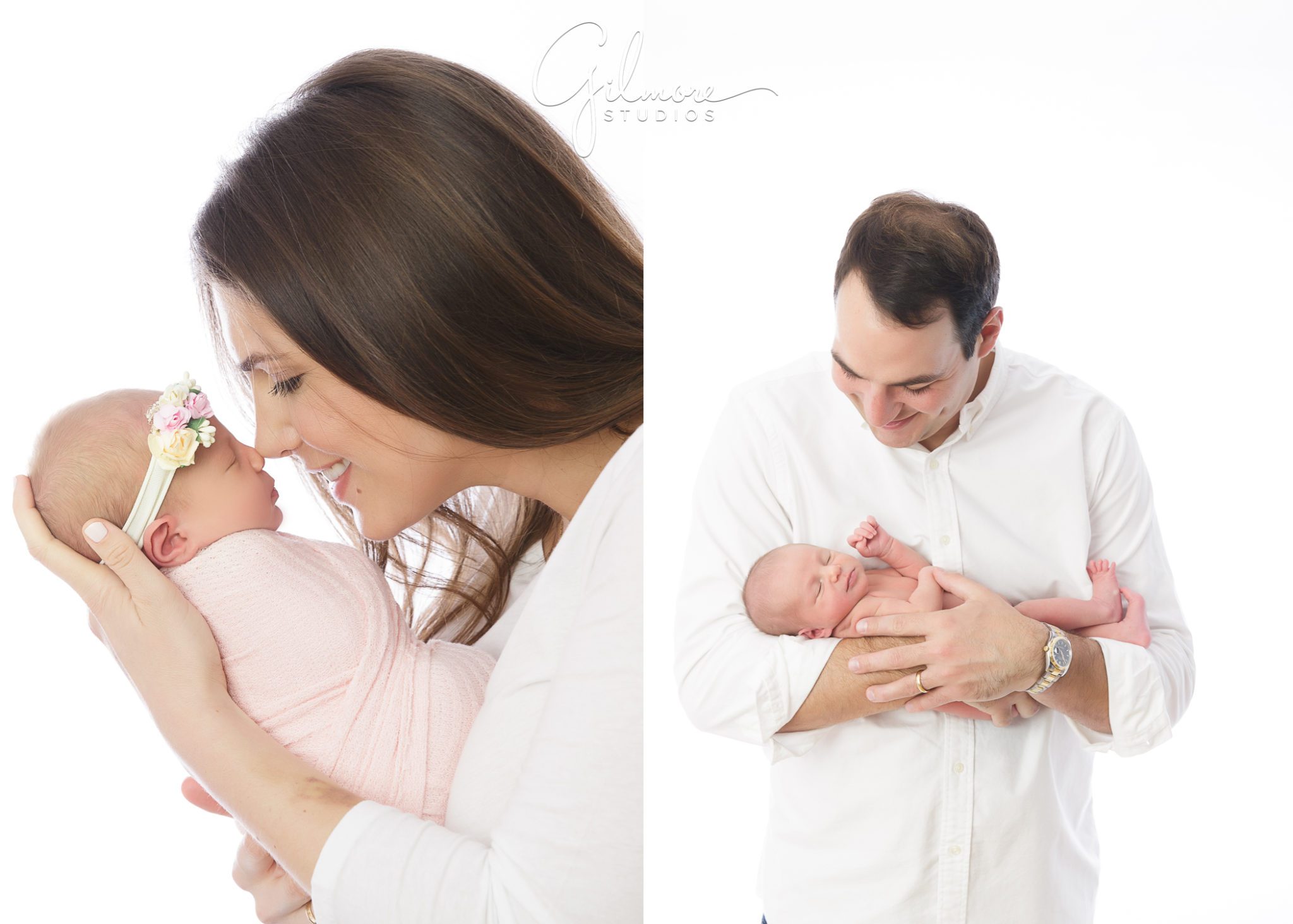Maternity Newborn Photography, mom, dad, baby, girl, white outfits, headband, flowers, pink blanket, matching, portrait package, studio session, family