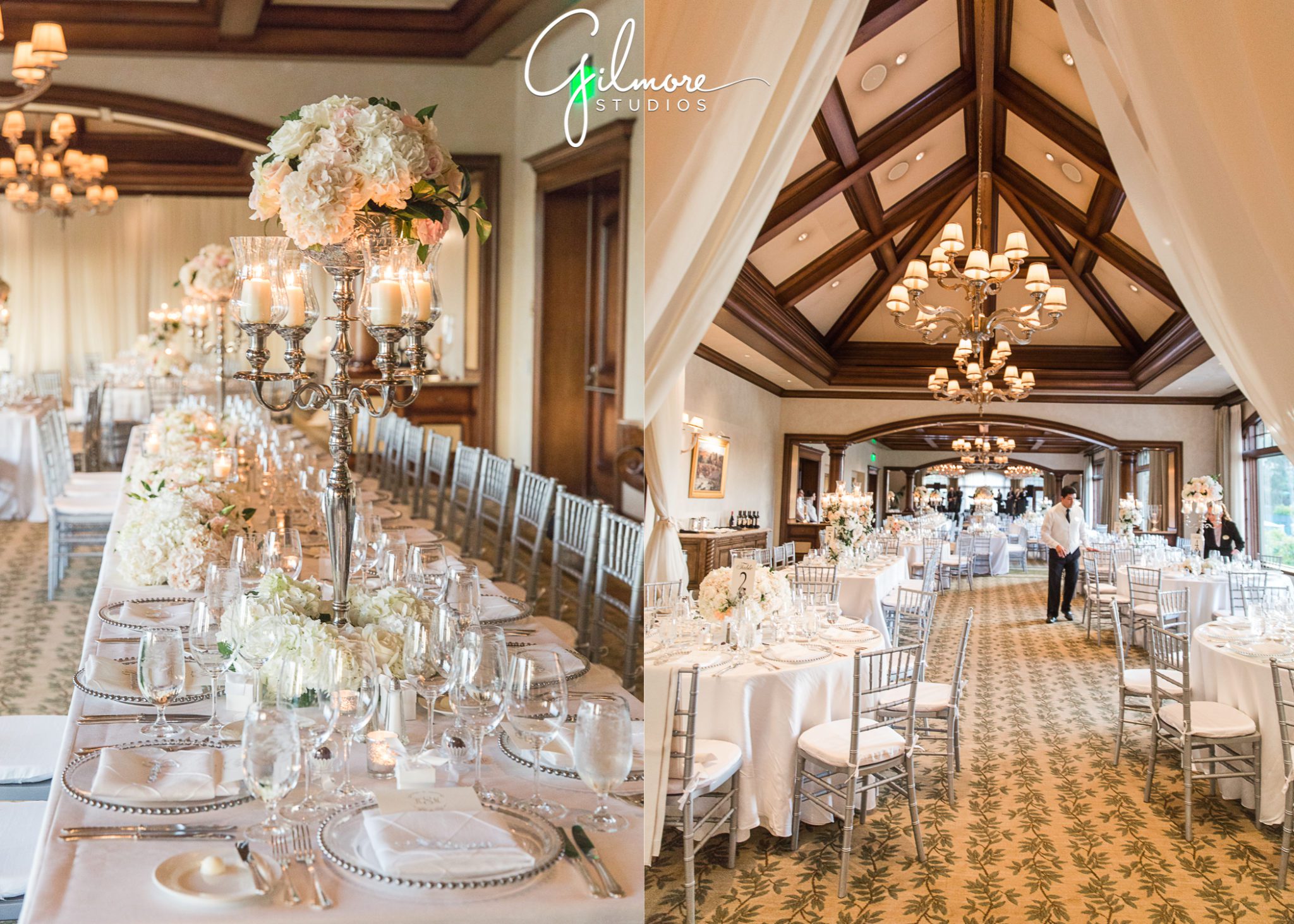 reception decor, design, floral, roses, candles, stemware, plates, silverware, wedding planner, Newport Beach, big canyon country club wedding