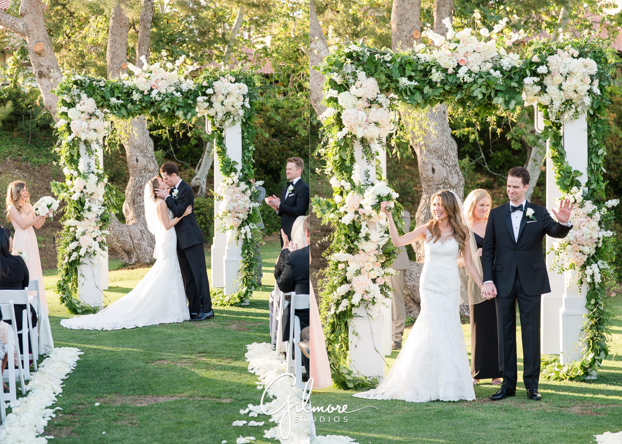 first kiss, Big Canyon Country Club Wedding, kiss, first kiss, flowers, ceremony, exit, just married, newport beach, bride, groom, tuxedo, dress, bouquet