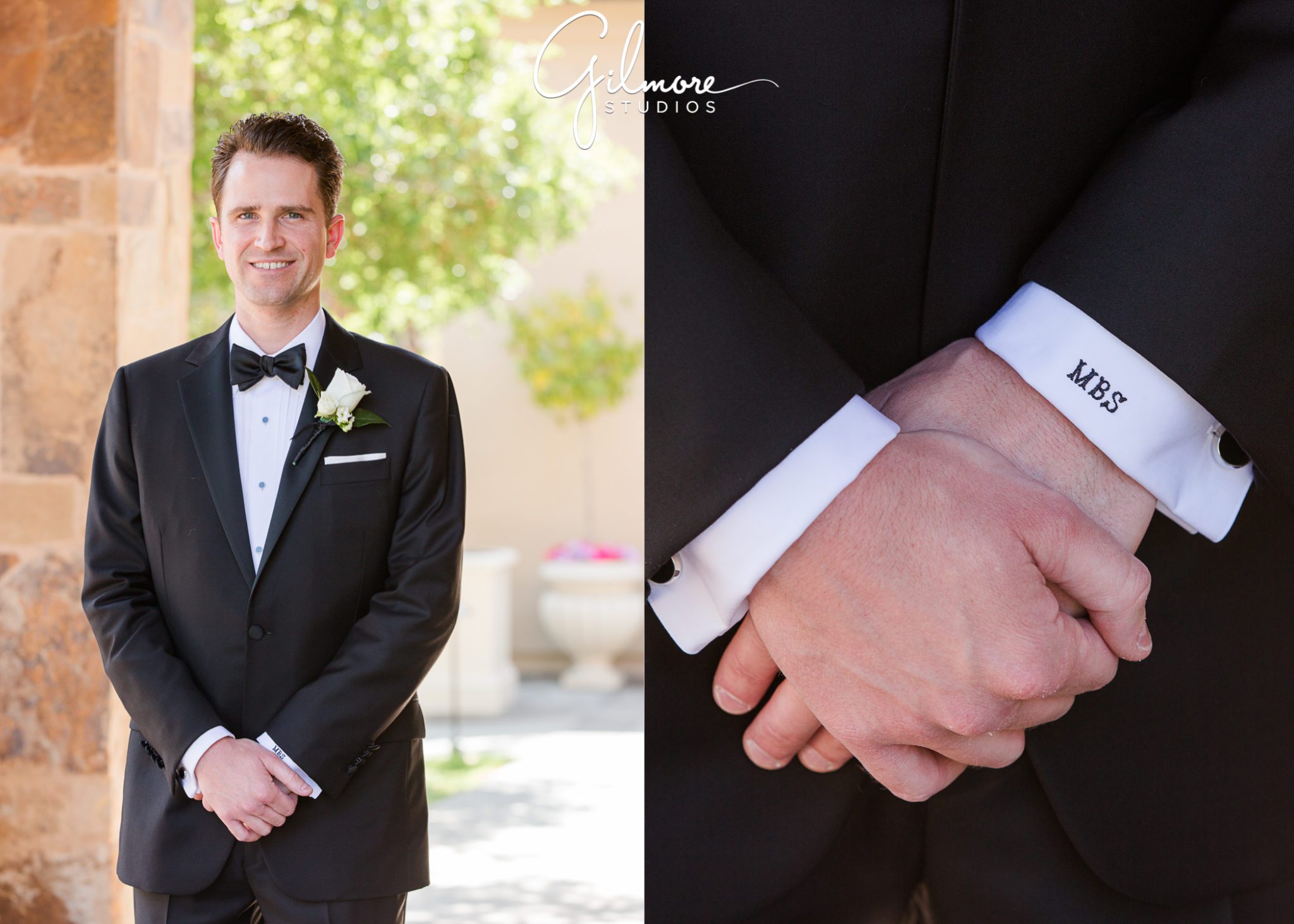 groom, waiting for bride, first look, black tie, Big Canyon Country Club Wedding, groom, portrait, cufflinks, boutonniere, tuxedo, outdoor, first look