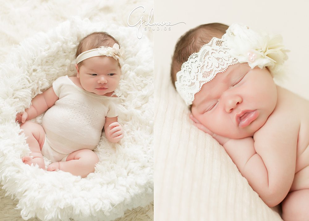 Orange County Newborn, sleeping baby, portrait photography session, flower lace headband, white background, blanket, studio shoot