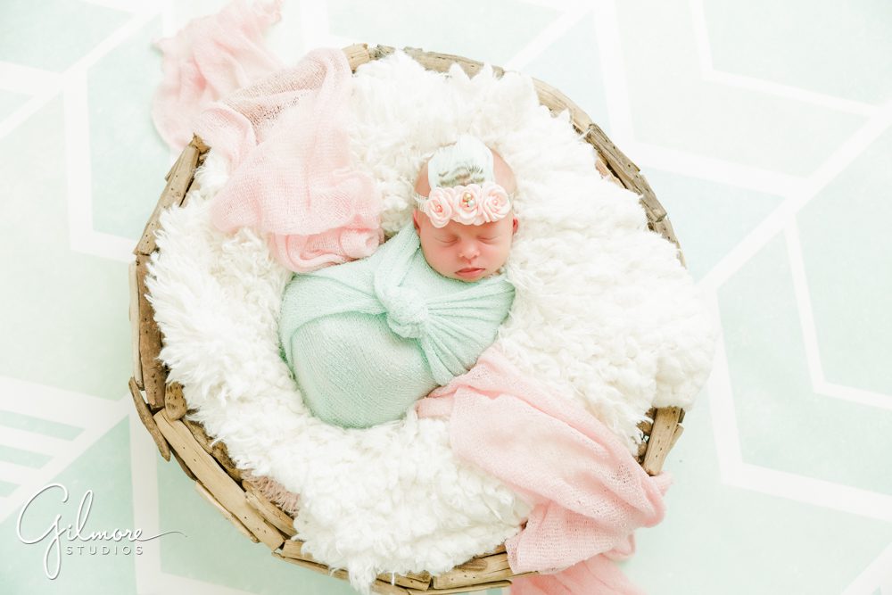 OC Newborn Studio, baby, bed, blankets, blue, pink, white