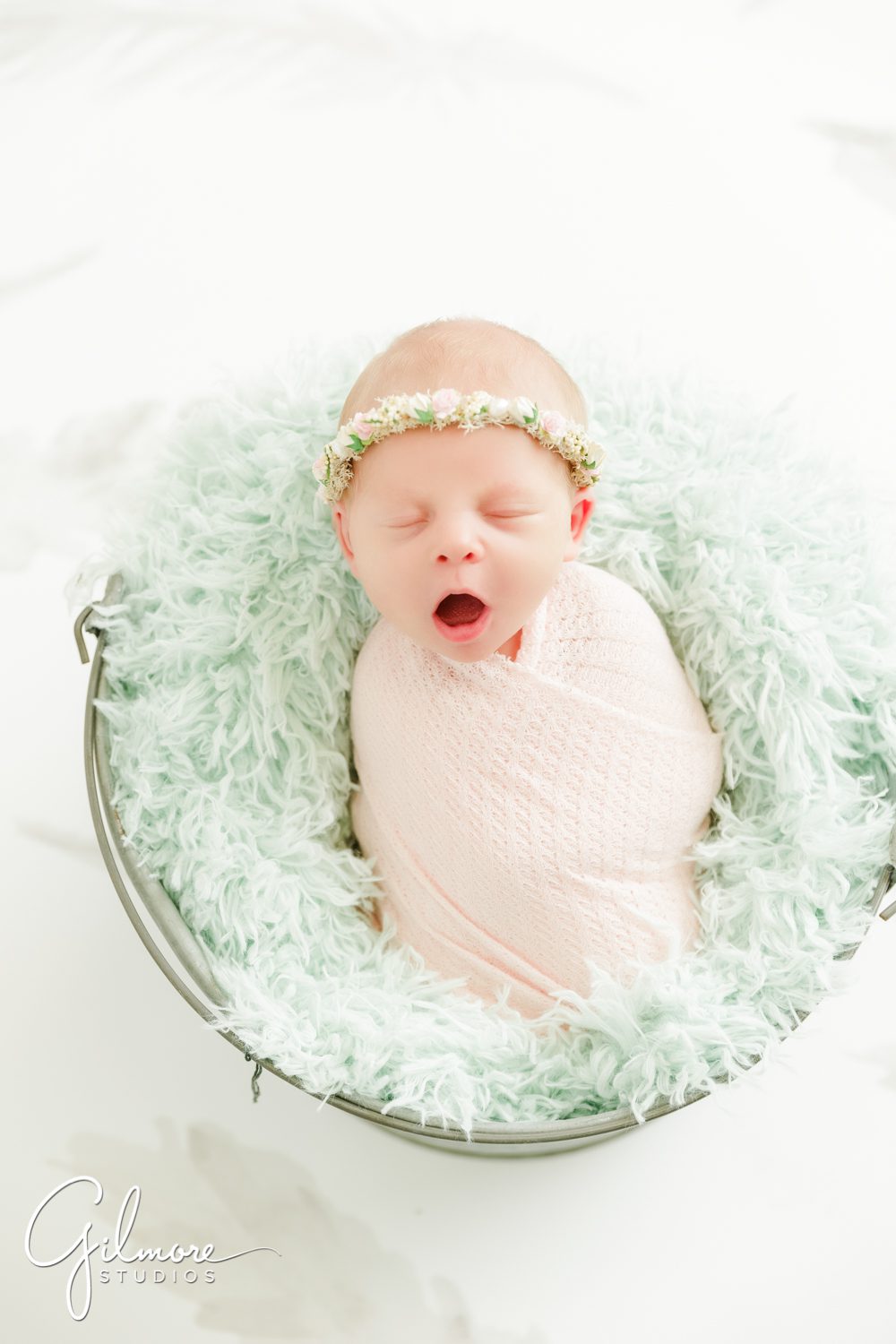 OC Newborn Studio, baby, yawn, bed, blanket, pink, girl, blue, green
