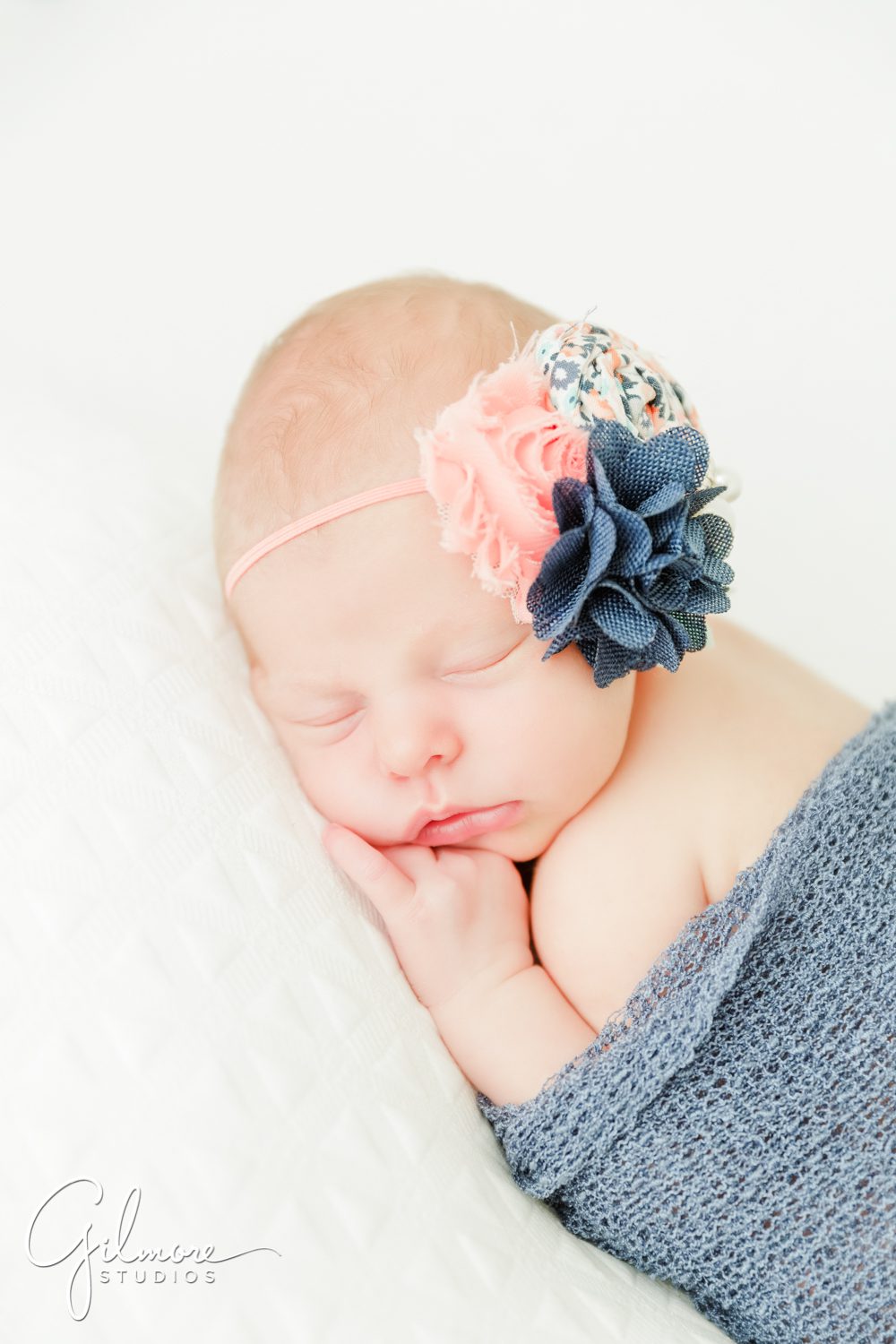 sleeping, baby girl, grey, headband, blanket, OC Newborn Studio