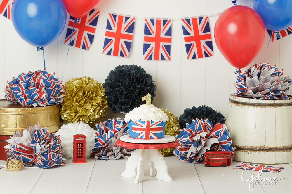 Princess London's 1st Birthday, england cake smash theme props, balloons, flags, pom poms, studio, portrait photography, family