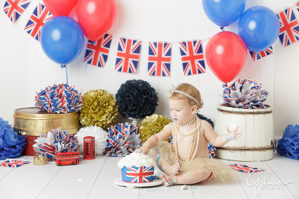 Princess London's 1st Birthday, messy, balloons, flags, props, one year old baby, england theme cake smash, first bday, portraits studio, family
