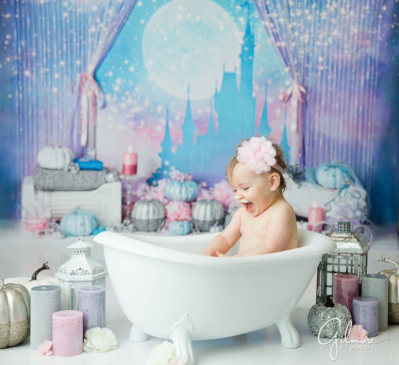 First Birthday Cake Smash, baby spa, bathtub, candles, princess, castle, background, cakes, photography