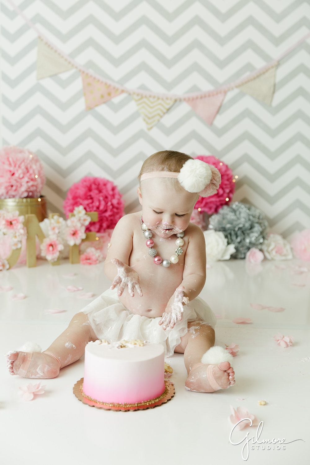 First Birthday Cake Smash Photographer, french's cupcake bakery, one year old, baby girl, banner, decoration, cake stand