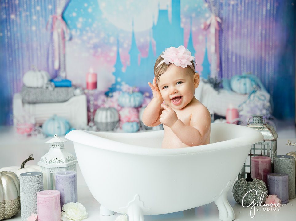 First Birthday Cake Smash, baby spa, bathtub, candles, princess, castle, background, cakes, photography