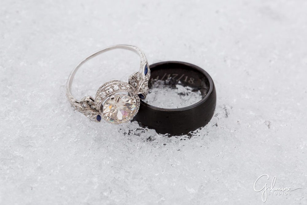 wedding rings in snow, Grand Belle Wedding photography, Holly, Michigan