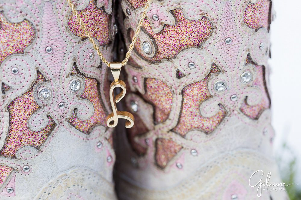 Grand Belle Wedding photography, Holly, Michigan, pink cowboy boots, gold necklace