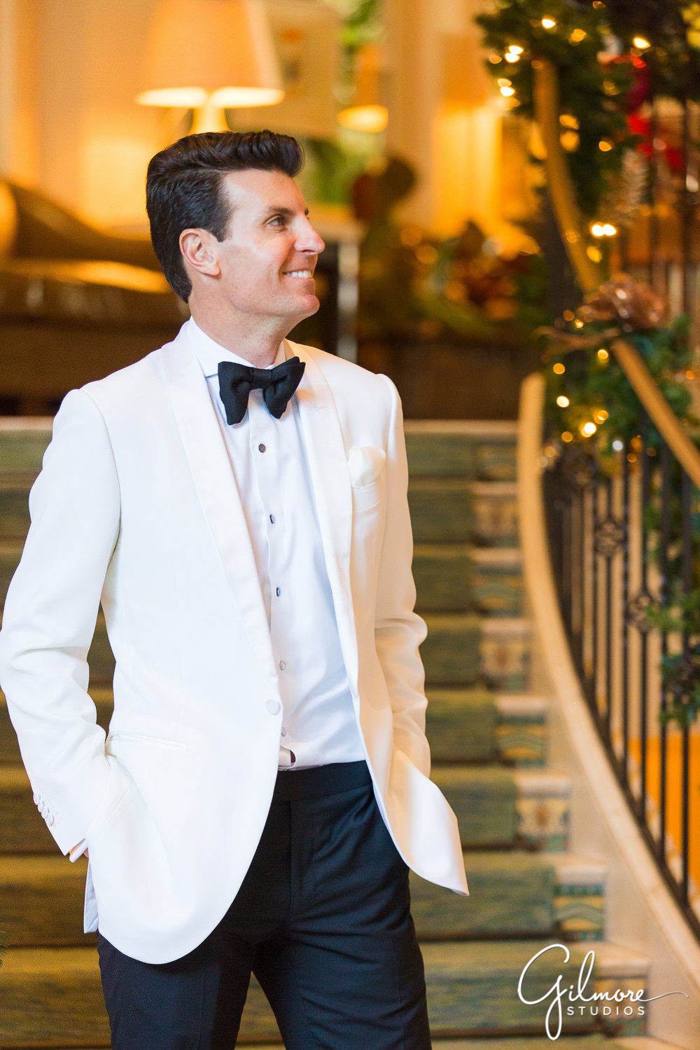 Hotel Casa Del Mar - Shutters on the Beach Wedding, groom, luxury wedding, white tuxedo jacket, black bowtie
