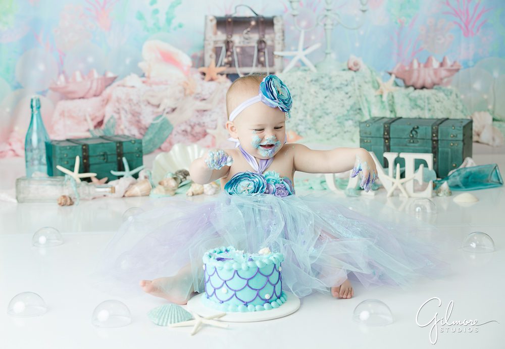 Under The Sea Cake Smash, 1st Birthday, blue, teal, aqua, little mermaid theme