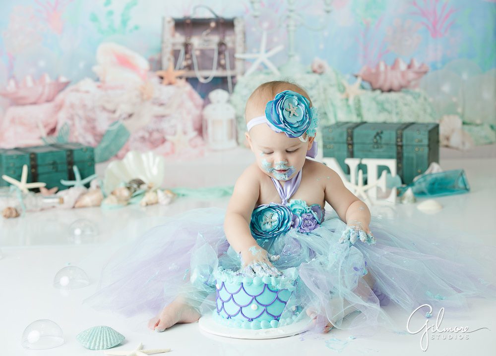 Under The Sea Cake Smash, 1st Birthday, blue, teal, aqua, little mermaid theme