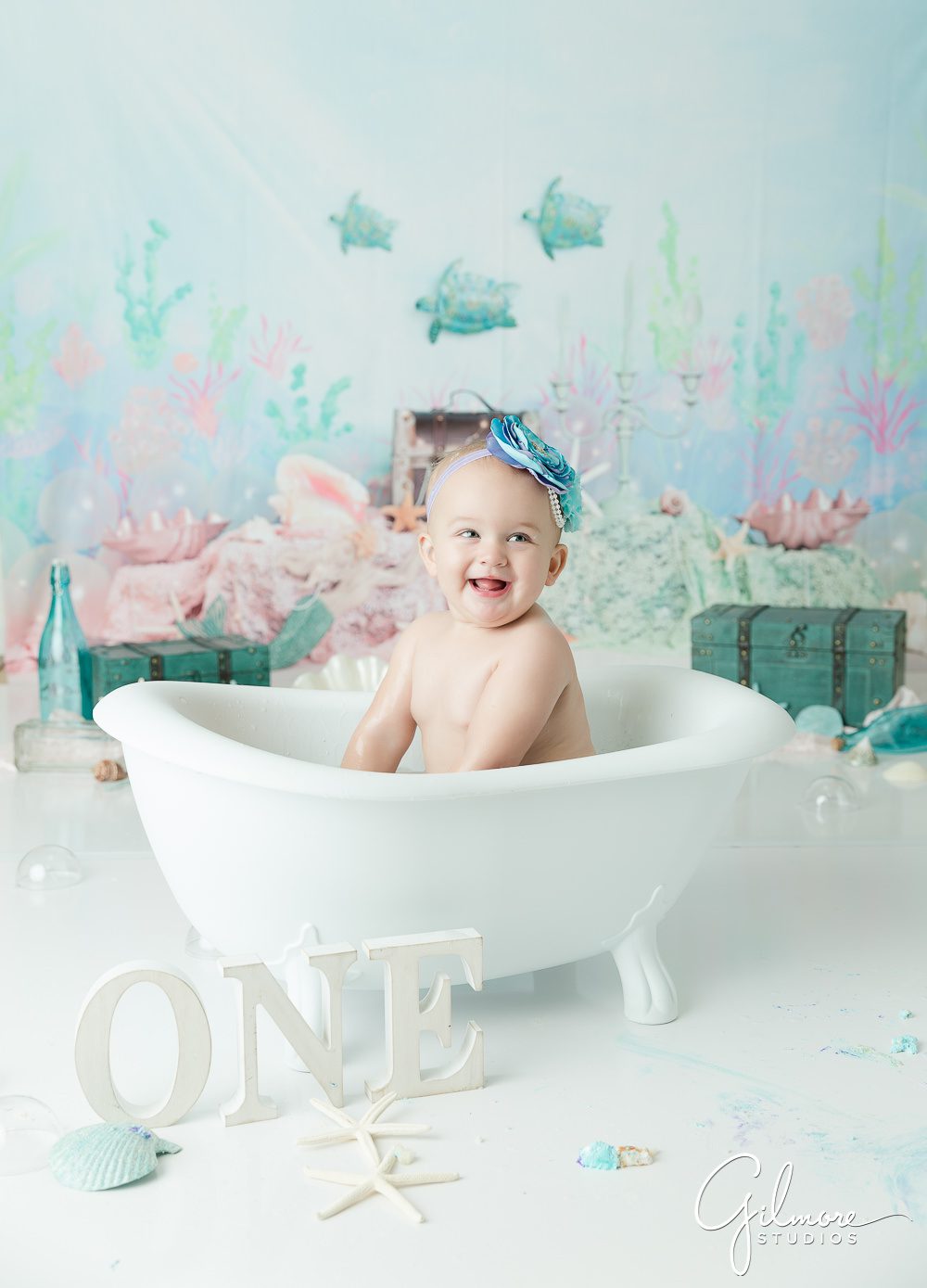 baby bathtub, Under The Sea Cake Smash, 1st Birthday, blue, teal, aqua, little mermaid theme