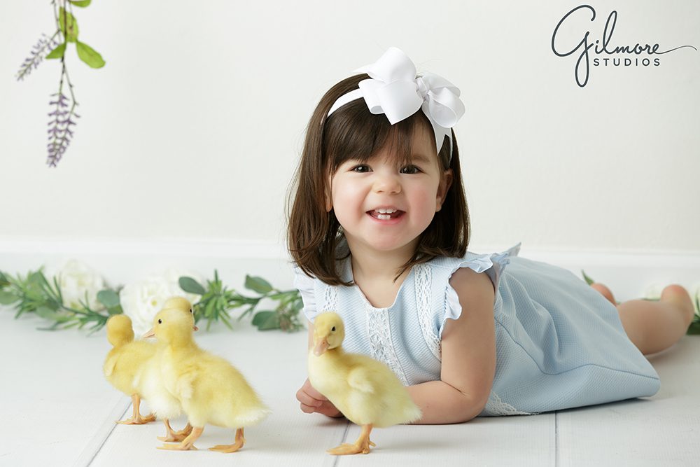 little girl playing with baby ducklings, Orange County mini session