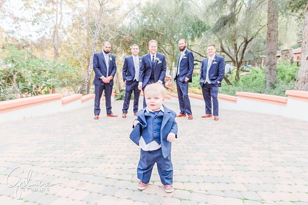 toddler, groomsbaby, groomsmen, groom, groom, blue suit, Men's Wearhouse, The bloom of time florist, Rancho Las Lomas wedding venue, Orange County, CA, Magdalena Events, OC