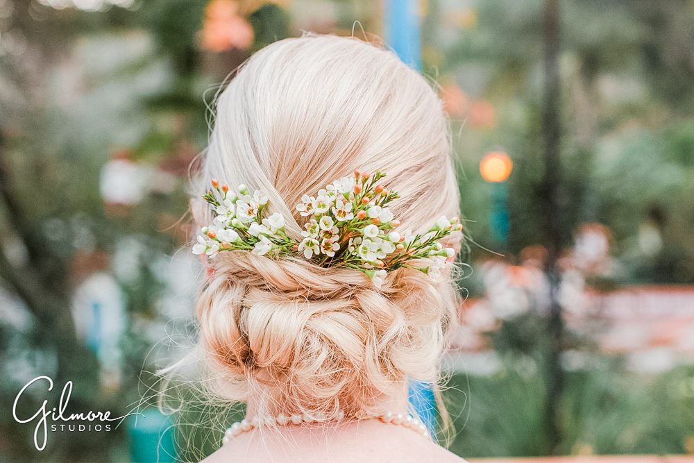 bride's hair, braid, blonde, flowers, wedding formals, Magdalena Events, Rancho Las Lomas wedding venue, Orange County, CA