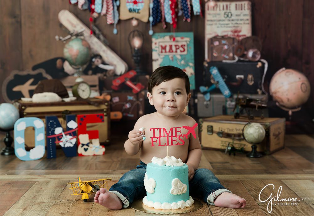 Aviator Cake Smash topper - Time Flies 1st Birthday Session, Orange County baby photographer