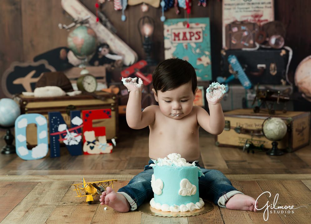 Aviator Cake Smash - Time Flies 1st Birthday Session, clouds, blue sky, biplane, airplanes, one