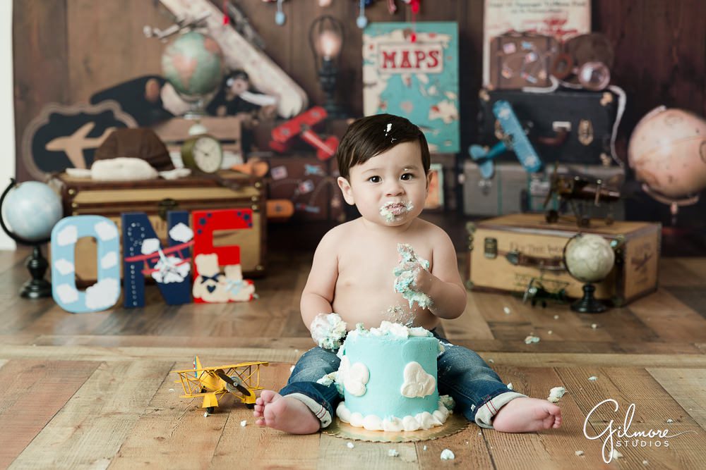 Aviator Cake Smash - Time Flies 1st Birthday Session, clouds, blue sky, biplane, airplanes, one year old