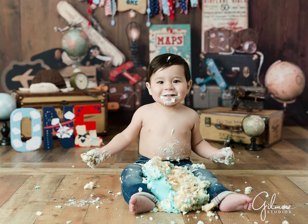 Aviator Cake Smash - Time Flies 1st Birthday Session, clouds, blue sky, biplane, airplanes, one year old