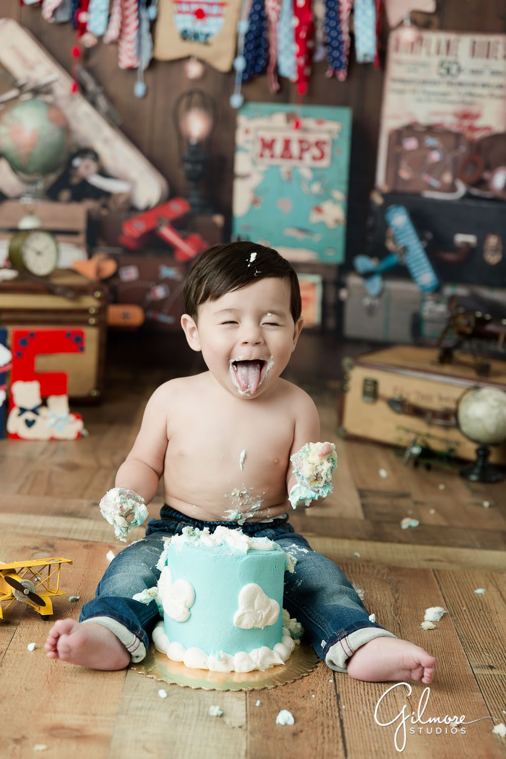 Aviator Cake Smash - Time Flies 1st Birthday Session, clouds, blue sky, biplane, airplanes, one year old, frenchs cupcake bakery