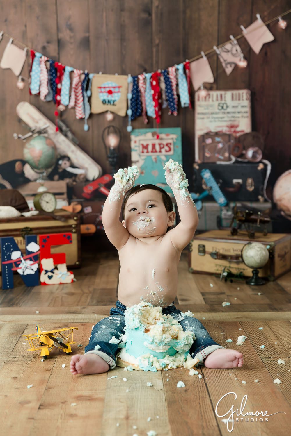 Aviator Cake Smash - Time Flies 1st Birthday Session, clouds, blue sky, biplane, airplanes, one year old, props, backdrop, design