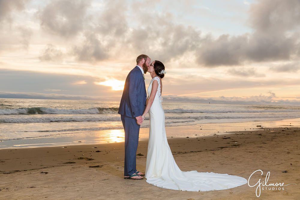sunset photos, bride, groom, Crystal Cove Cottages Wedding Photography